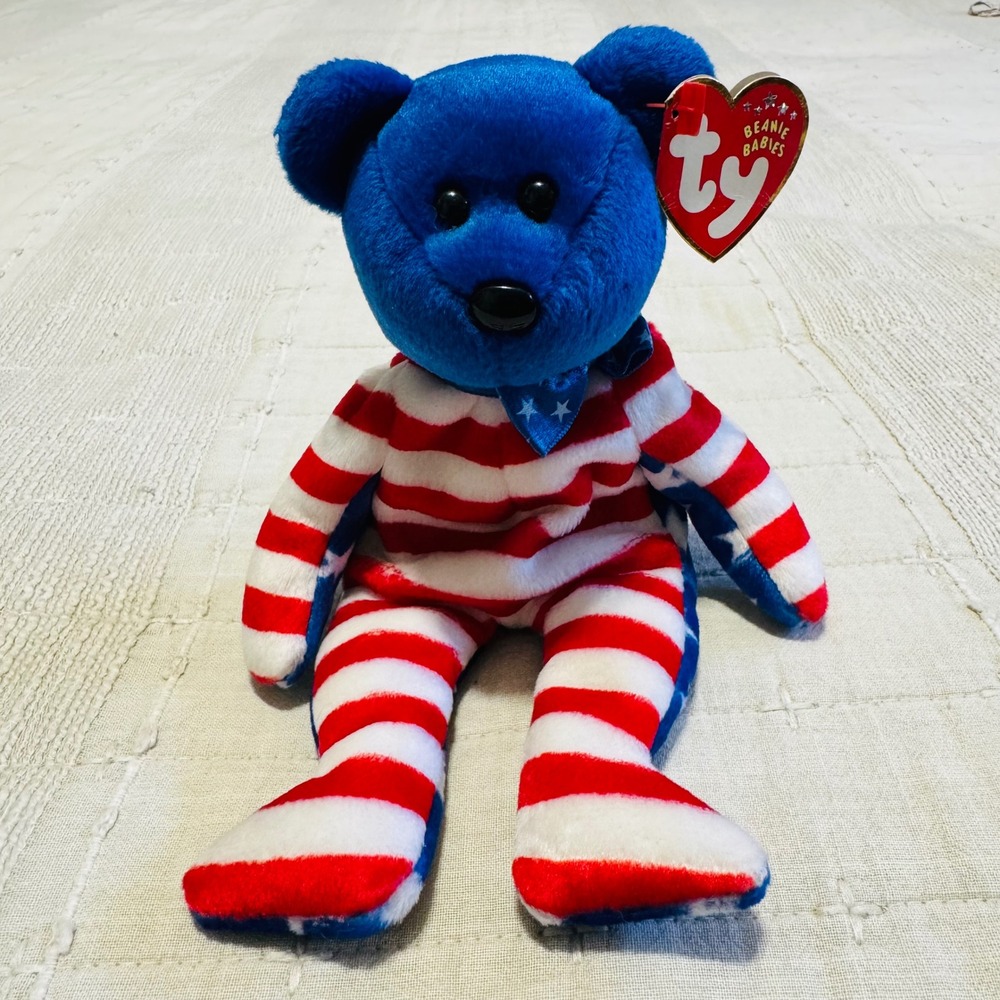 Ty Beanie Babies Liberty Bear 2001 Patriotic USA Flag Red Blue Plush Toy 9 in